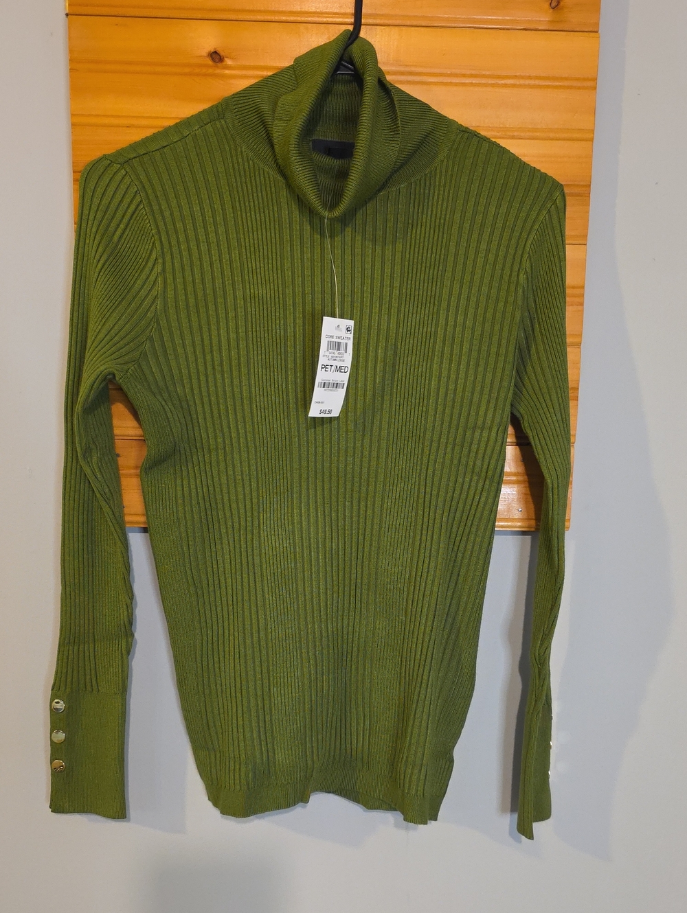 JM Collection Green Ribbed Cowl Neck Sweater Petite Medium Classic Knit Top